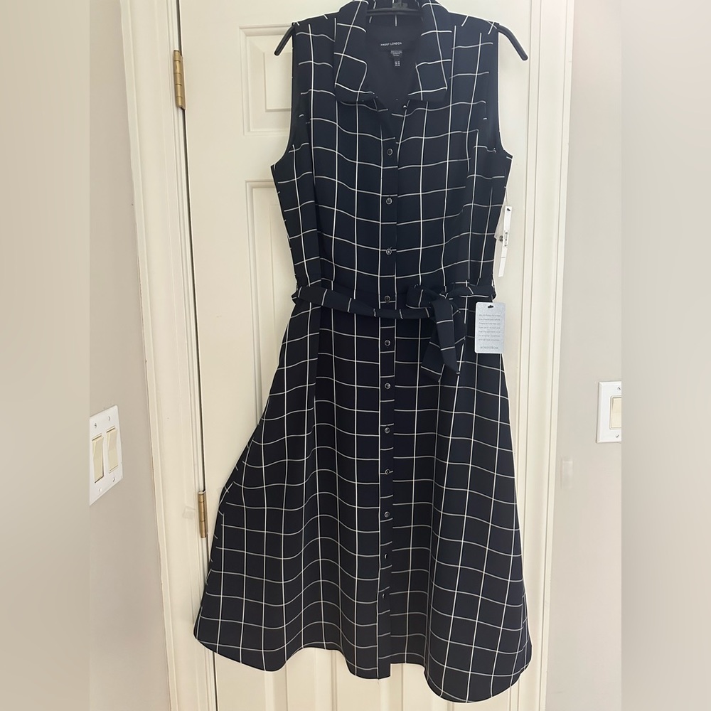 Size 14 Maggy London sleeveless black and white window pane almost midi dress.